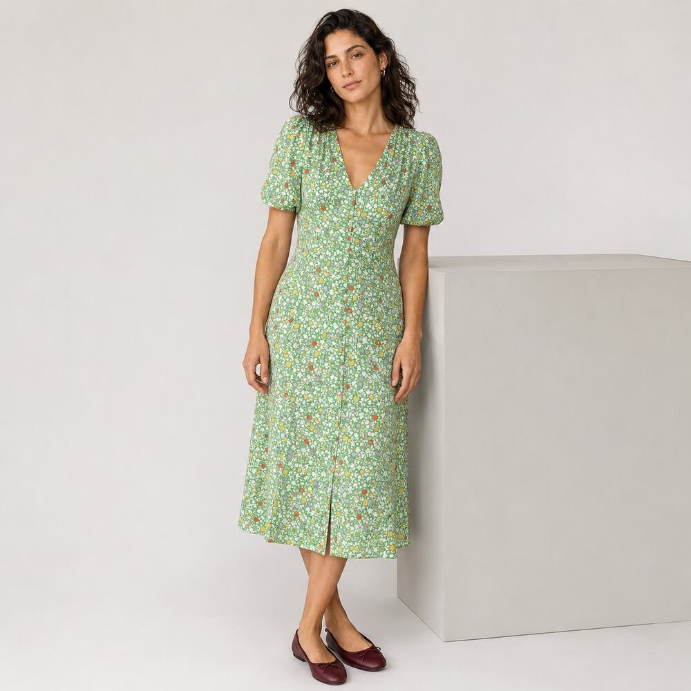 Alexia Admor Lorelei V-neck Bubble Sleeve Midi Dress In Green Ditzy 4 Maxi